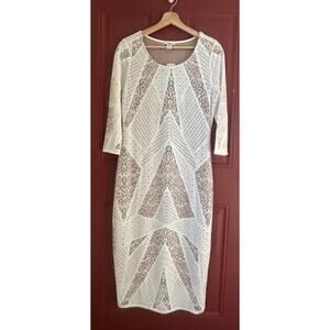 Bar III Ivory Lace Mesh Bodycon Midi Dress with Taupe Insert NWT